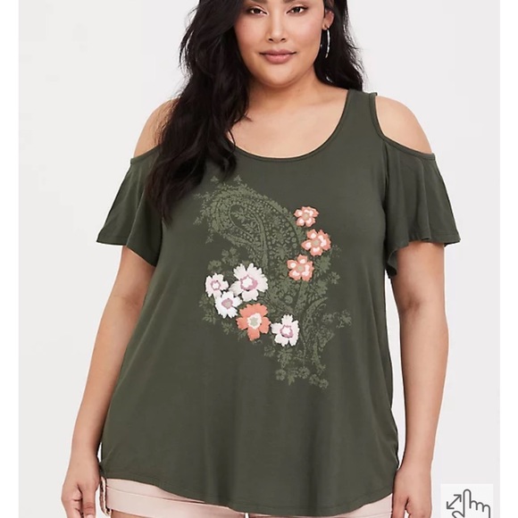 Torrid Super Soft Knits Olive Green Floral Cold Shoulder Tee Shirt Plus Size 5 - Picture 1 of 13